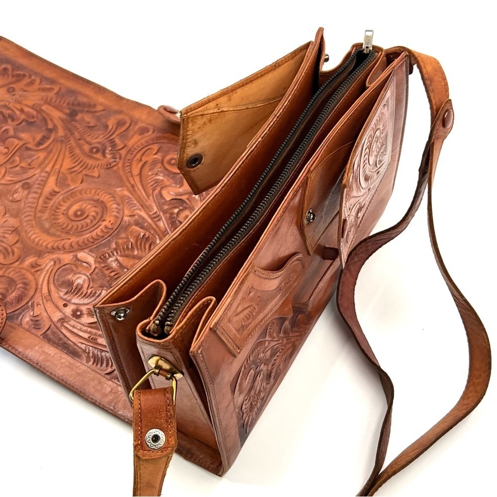 Vintage Mexican Tooled Leather Organizer Crossbody Boho Western Floral Purse Bag - Picture 4 of 13